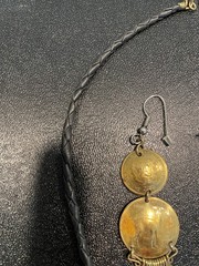 Brighton Vintage Brass coin necklace with matching earings and leather rope neck