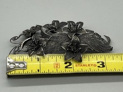 Antique Ornate 900 Silver Filigree Flower and Leaf Large 3.25” Brooch Signed