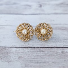 Vintage Clip On Earrings Faux Pearl with Gold Tone Spiral Halo 0.75″