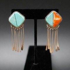 Consuelo Campos Southwestern Sterling Turquoise Inlay Fringe Earrings ’90 Dangle