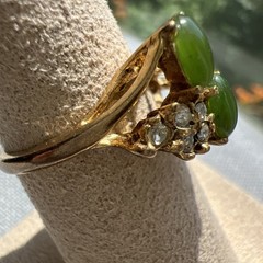 Vintage Faux Jade & Diamond Ring Set In Gold Tone Metal; Sz. 6.5; Beautiful!