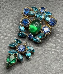 VTG Dog Tooth Prong Blue Green Rhinestone Cupcake Setting Brooch Dangle REPAIR