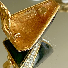 Vintage Ciner Asymmetrical Gold Plated Black Enamel Crystal Clip-On Earrings