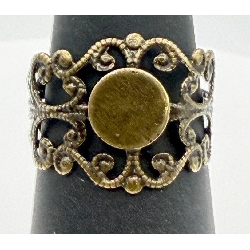 Antique Gold Tone Filigree Adjustable Ring Round Center 5.75–6.5