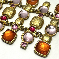 Vintage Signed VCLM Bracelet Gold Tone w/ Pink & Orange Stones 8″ Long 2.5″ Wide