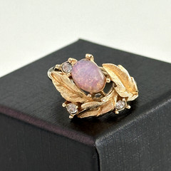 Vintage Avon Faux Fire Opal Rhinestone Leaves Gold Tone Adjustable Ladies Ring