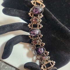 Vintage Purple Cabochon Ornate Link Bracelet Silver Tone Victorian Style 6.25 in