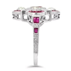 Art Deco Style Ruby & Lab Created Diamond Engagement 14K White Gold Finish Ring