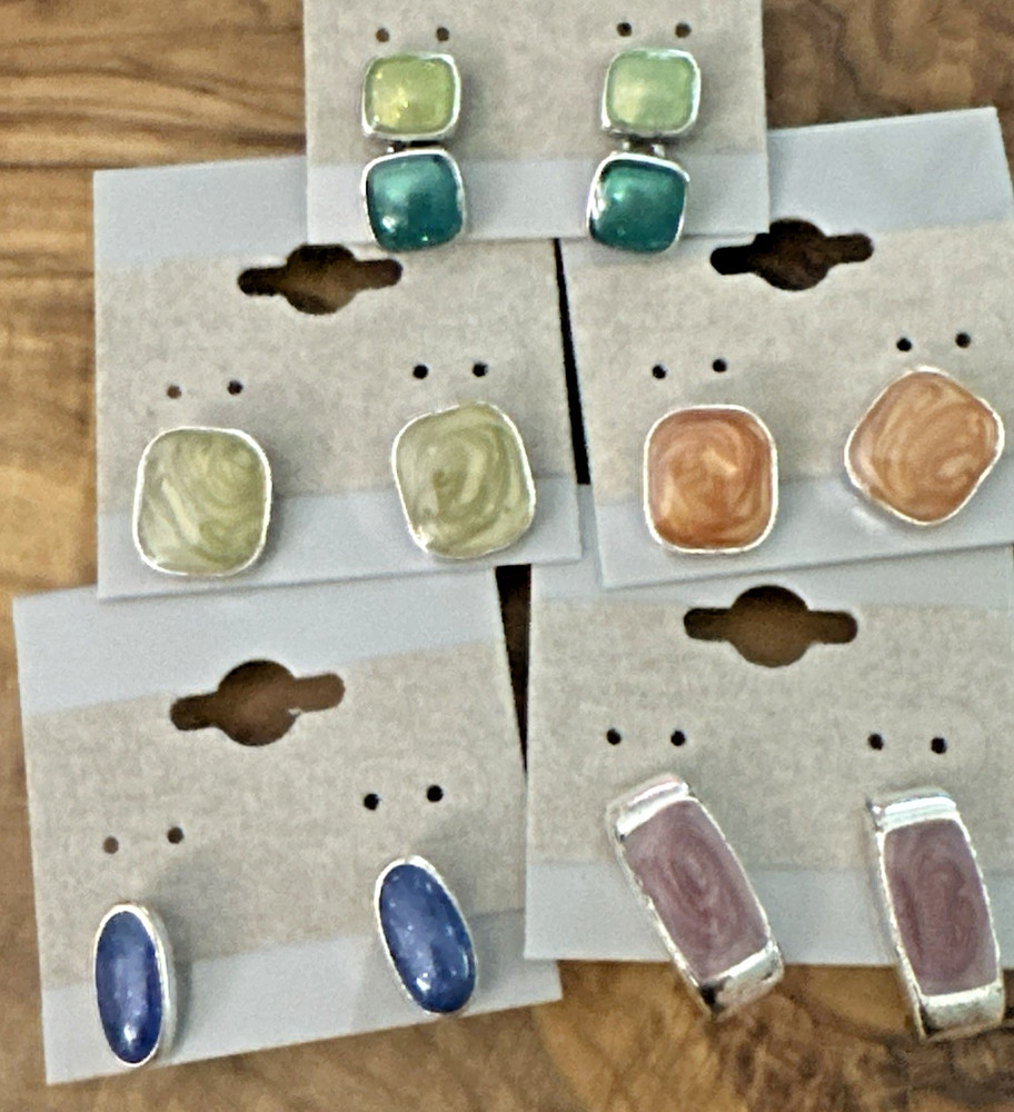 Vintage Earrings Silver Tone Multicolor Enameled Stud Post Back Fashion Lot 5