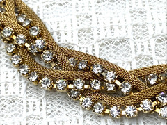 BRAIDED Goldtone Mesh & Clear Rhinestone 15″ Necklace & 1-1/4 x 1″ Clip Earrings