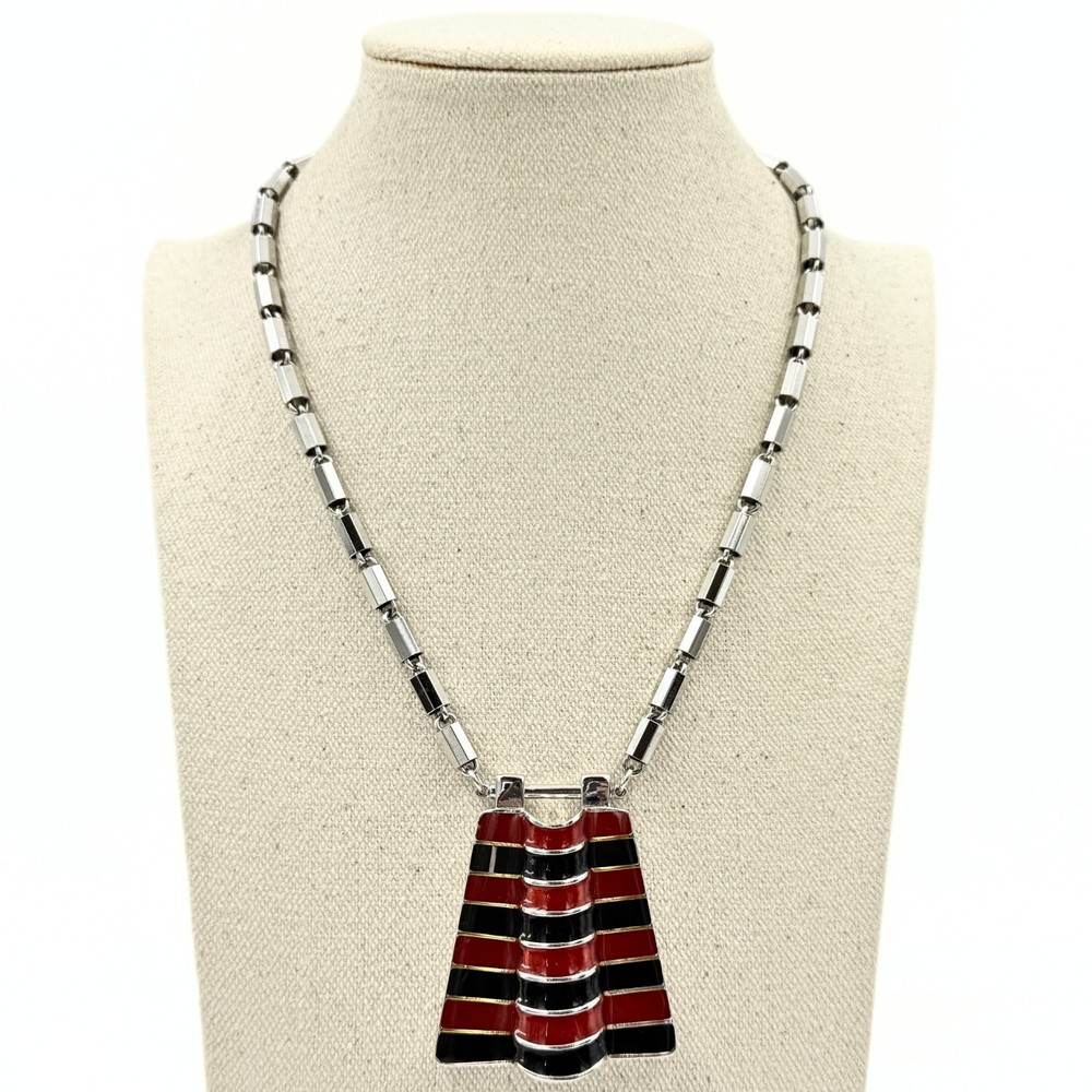 Lanvin Paris Designer Signed Red Black Enamel Stripes Silver Plated Necklace