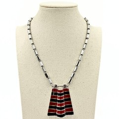Lanvin Paris Designer Signed Red Black Enamel Stripes Silver Plated Necklace
