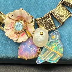 Vintage Faux Opal Heart, New Victorian Book Chain Bracelet & Czech Glass Bird