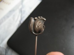 Relief flower Tie Hat Stickpin *Sterling Silver 1900s Art Nouveau Floral 3.5in