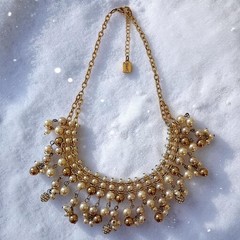 Y2K Bib Fringe Necklace Egyptian Revival Faux Pearl Gold Tone Victorian Vintage