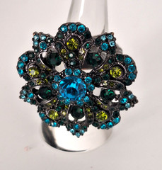 Vintage Blue Green Rhinestone Cluster Cocktail Ring Stretch Band Chic Maximalist