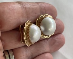 15.5mm Mabe Pearl 14K Yellow Gold Omega Back Estate Earrings 9.6 Grams