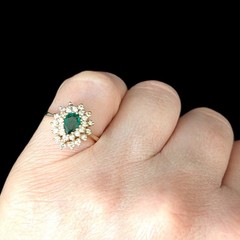 Vintage Pear Cut Emerald Diamond 14k Yellow Gold Double Halo Ring Engagement