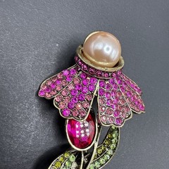 Pink Flower Rhinestone Brooch Pin J26