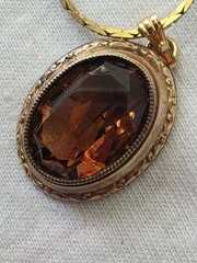 Vintage Gold TonedAmber Glass Pendant Necklace Victorian Revival 24 Inch