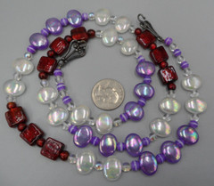 33″ Long Beaded Necklace Square Art Glass Oval Acrylic Beads Fancy Hook Clasp