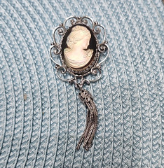 Oval Cameo Portrait Brooch Pin Silver Tone Filigree Frame Dangle Tassel