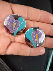 Vtg Laurel Burch Enamel Stud Earrings purple/Teal Silvertone Anthurium Flower