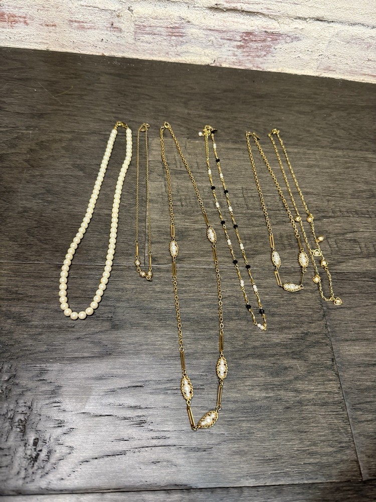 Vintage Lot of 6 Gold Tone Necklaces with Faux Pearls Jewelry