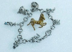 Vintage Brown Enamel Prancing HORSE 1″ Pin Brooch & Western Theme Charm Bracelet