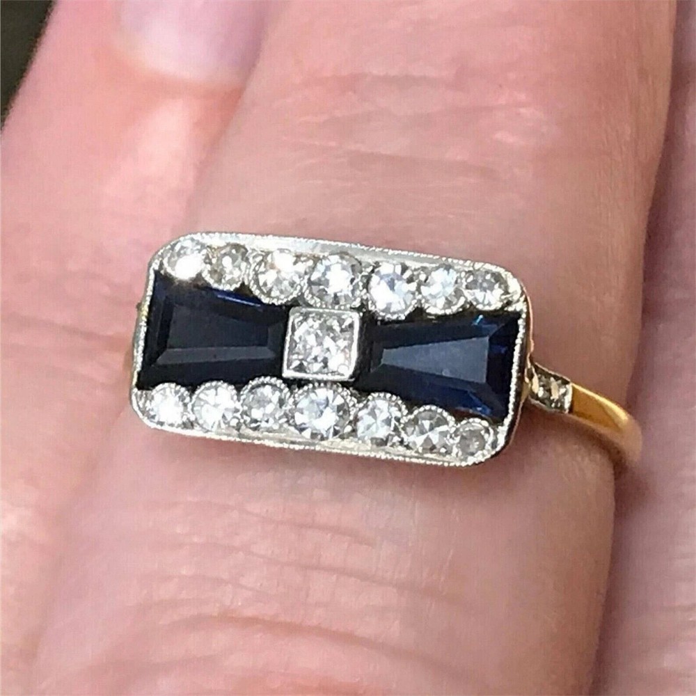 Art Deco Style Sapphire & Lab-Grown Diamond 14K Yellow Gold FN Wedding Gift Ring