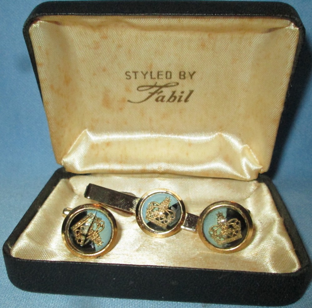 Fabil in Original 3pc. + Box Golden Crown CUFFLINKS & TIE BAR Vintage