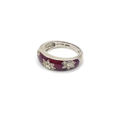 Vintage Sterling Silver 925 Dark Red Enamel CZ Crystal Ring Lotus Flower Size 7