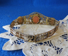 Antique 800 Silver Gold Plated Filigree 3 Natural Shell Cameo Bracelet 7″ 13.5g