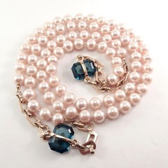 Vtg Faux Pearl Emerald Cut Blue Glass Necklace Knotted Strand 45″ Long 9.8mm