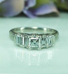 Vintage Natural Asscher Carre Baguette Diamond Platinum Ring Band 5 stone