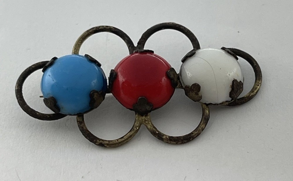 Antique Art Nouveau Red White & Blue Czech Glass Opaque Cabochon Brass Brooch