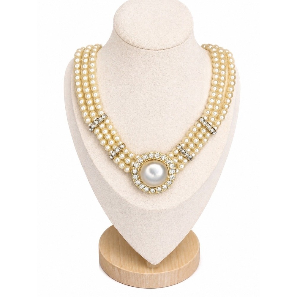 Vintage Multi-Strand Faux Pearl Statement Necklace Rhinestone Cabochon Chunky