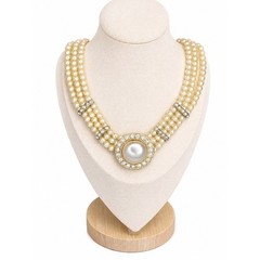 Vintage Multi-Strand Faux Pearl Statement Necklace Rhinestone Cabochon Chunky