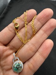 JTV Foil Glass Silver 925 Pendant Necklace Green Aventurine Flake Gold Tone 19″