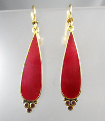 Vtg LAUREL BURCH 2″ Cloisonne Red Enamel Teardrop Dangling Hook Earrings 195c