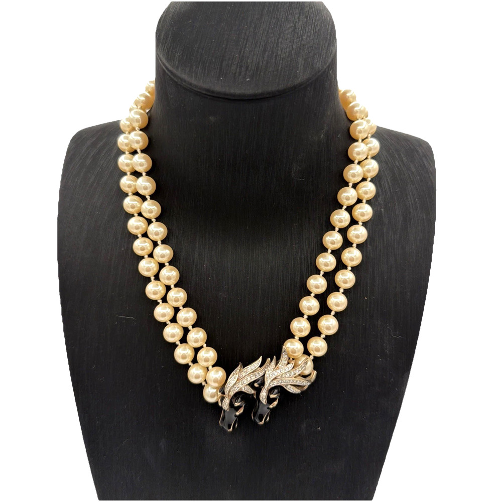 Vintage Signed Panetta Double‑Strand Pearl Necklace | Rhinestone Horse Head