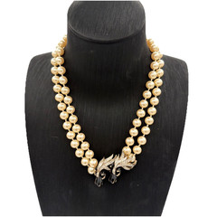 Vintage Signed Panetta Double‑Strand Pearl Necklace | Rhinestone Horse Head