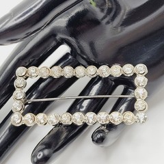 Rhinestone Open Metal Rectangle Frame Early 20th Century Silver Tone Brooch Pin