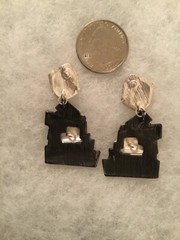 Contemporary/Abstract/Modern Matte Silver Tone-Black Dangle Pierced Earrings-2″