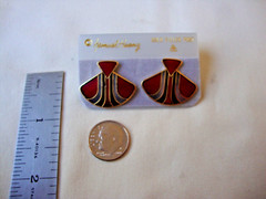 VINTAGE SAMUEL HUANG DESIGNER CLOISONNE RETRO MOD FAN RED BLACK SILVER EARRINGS