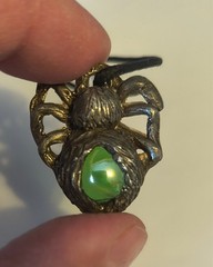 Vintage Pewter Spider Pendant Necklace corded green stone Gothic