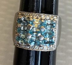 925 Sterling Silver Sky Blue Glacier Topaz Ring Wide Stacked Gemstone Band sz 7