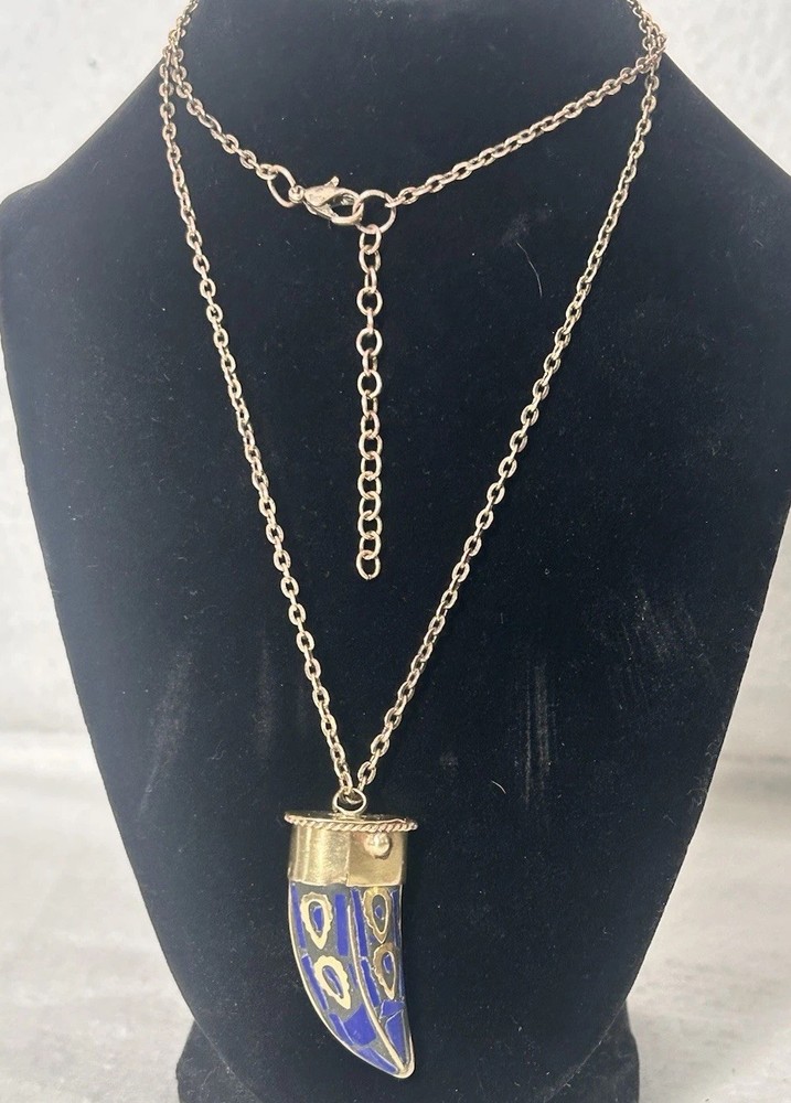 Antique Lapis Lazuli Tibetan Inlay Brass Nepal Horn Necklace Himalayan Long