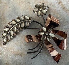 1940’s Sterling Corocraft rhinestone copper floral bow brooch 3 1/8″