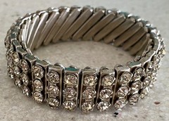 Vintage British Hong Kong Rhinestone Stretch Accordion Band Bracelet Silver Tone
